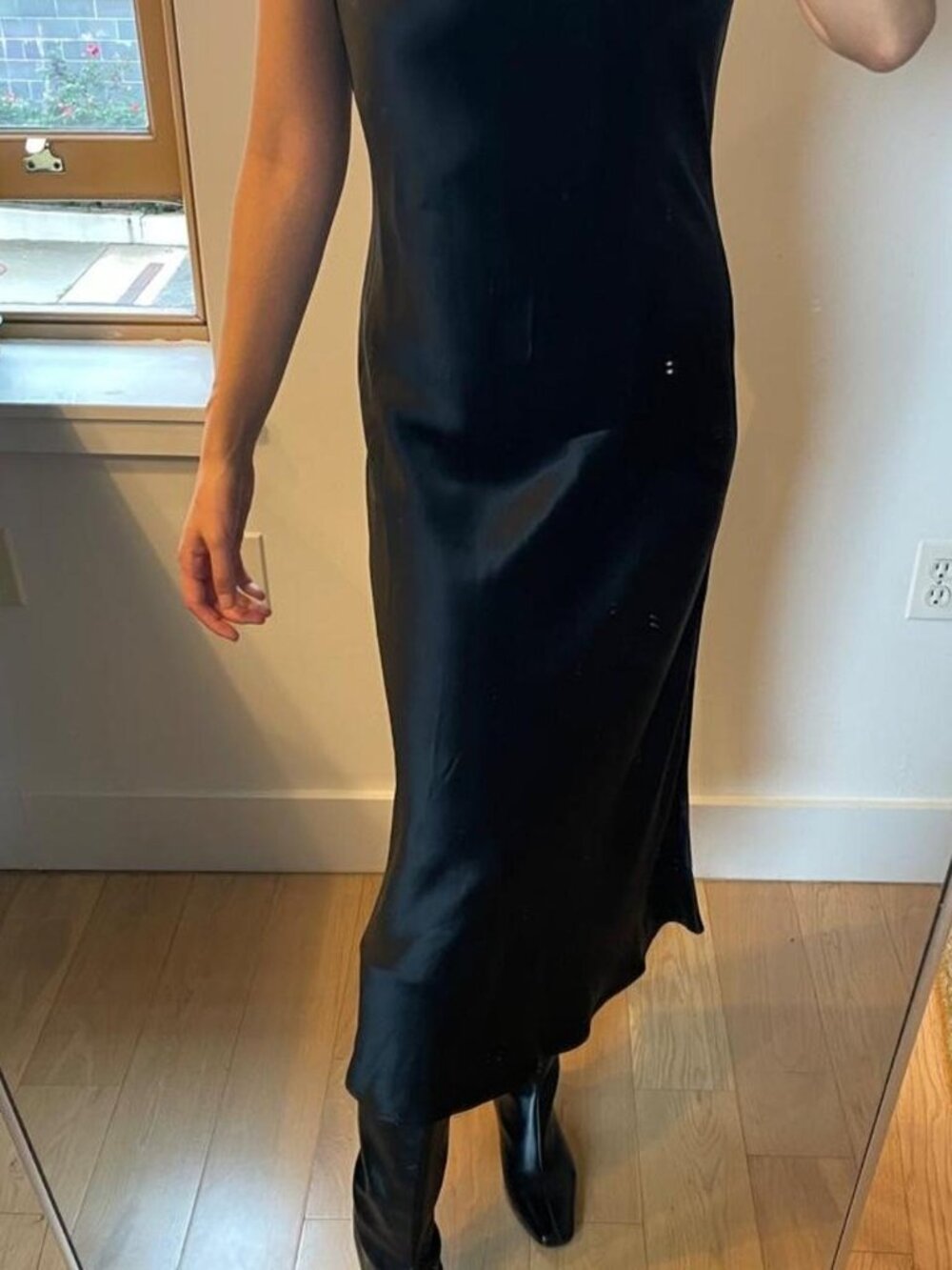 Black satin slip dress with a slit. Similar to Tibi #slip #eveningwear